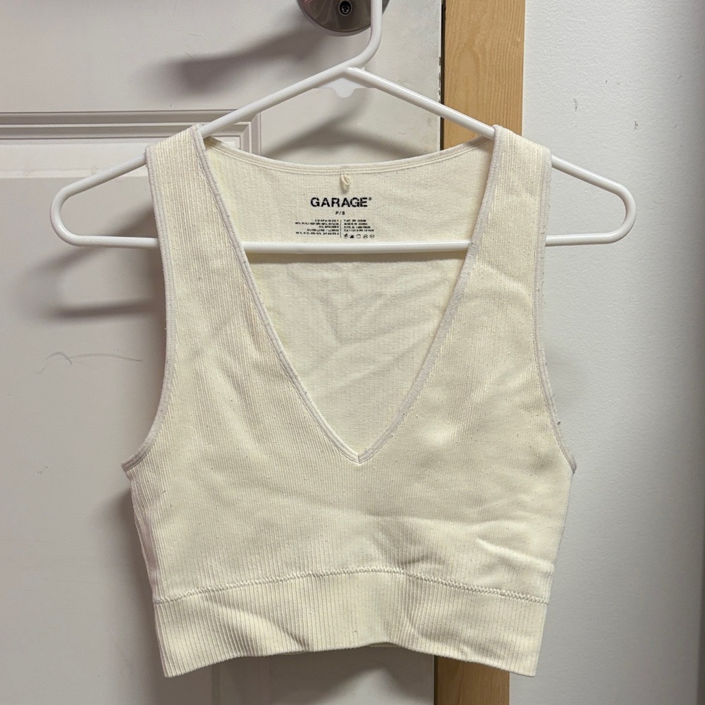 Garage Cream Ribbed V-Neck Crop Tank Top